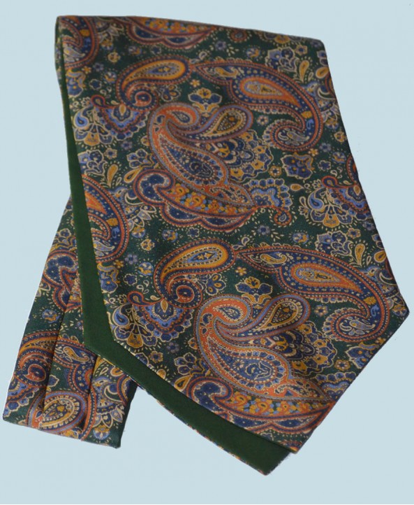 Fine Silk Persian Prince Paisley Pattern Cravat in Bottle Green